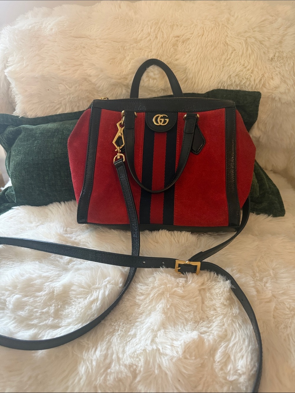 Gucci Red Suede Satchel with Black Trim and Navy Stripes